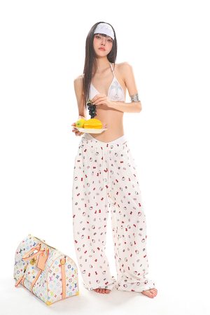 Kitty Cat Print Casual Pants for Women - Floor-Length Loose Straight Wide-Leg Trousers in American Style