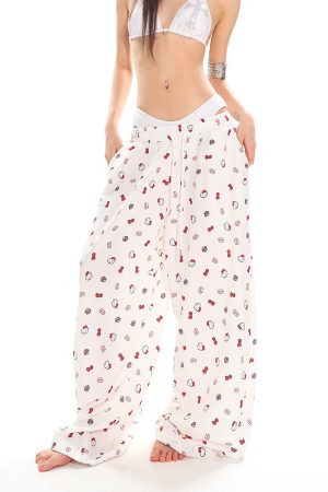 Kitty Cat Print Casual Pants for Women - Floor-Length Loose Straight Wide-Leg Trousers in American Style