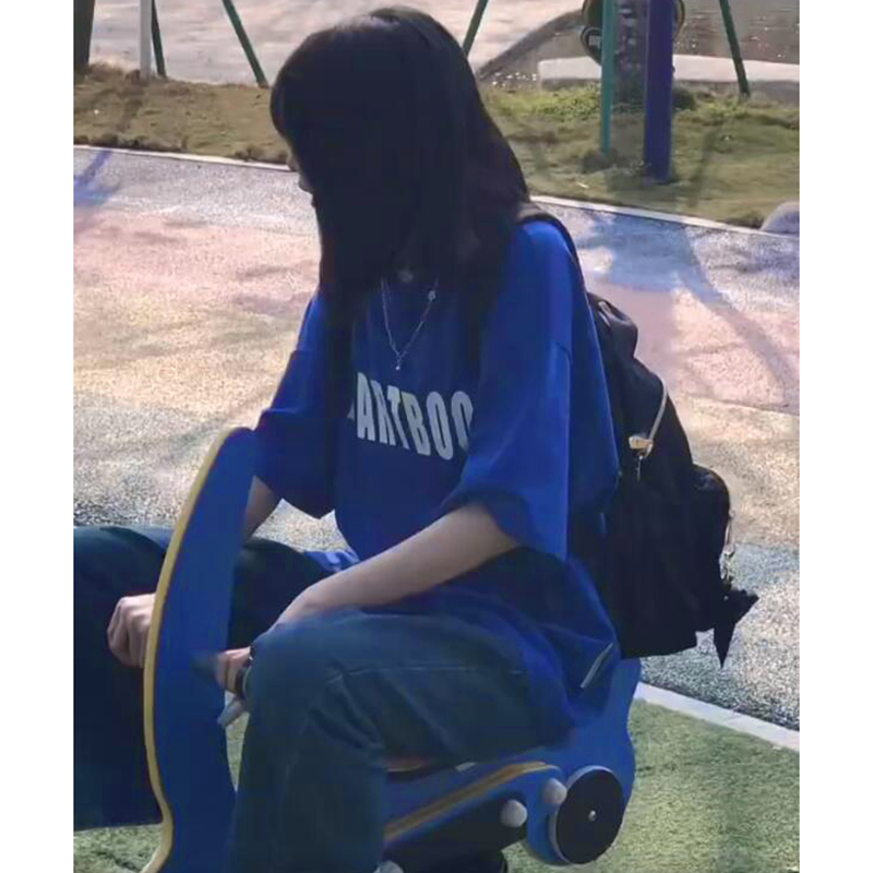 Klein Blue Oversized Short-Sleeve T-Shirt for Women - Summer Pure Cotton Top with Trendy Letter Design for Middle & High School Students Klein Blue Oversized Short-Sleeve T-Shirt for Women - Summer Pure Cotton Top with Trendy Letter Design for Middle & High School Students