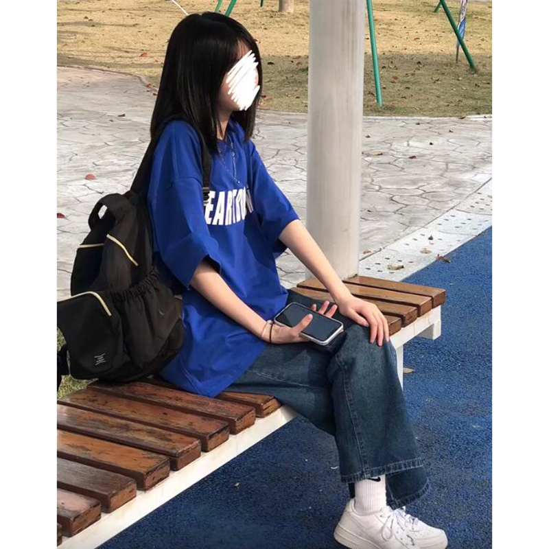 Klein Blue Oversized Short-Sleeve T-Shirt for Women - Summer Pure Cotton Top with Trendy Letter Design for Middle & High School Students Klein Blue Oversized Short-Sleeve T-Shirt for Women - Summer Pure Cotton Top with Trendy Letter Design for Middle & High School Students