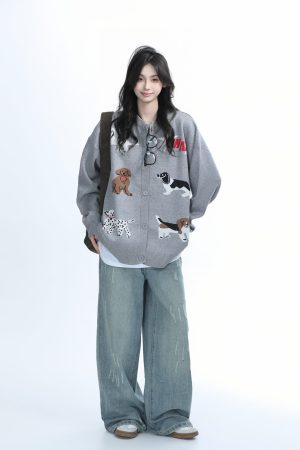 Knitted Cardigan with Retro Cartoon Dog Embroidery for Women - Lazy Style American Vintage Fashion