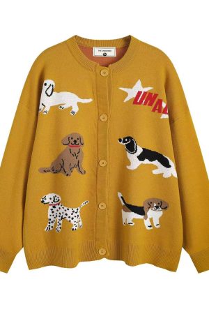 Knitted Cardigan with Retro Cartoon Dog Embroidery for Women - Lazy Style American Vintage Fashion