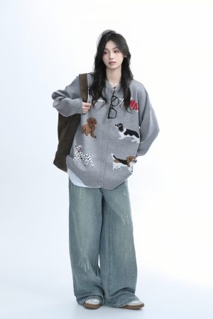 Knitted Cardigan with Retro Cartoon Dog Embroidery for Women - Lazy Style American Vintage Fashion