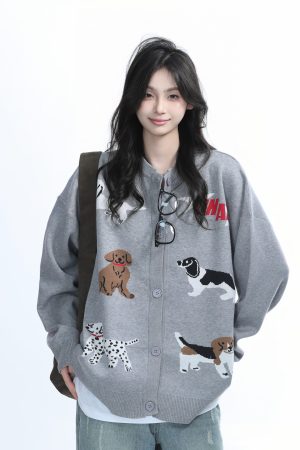 Knitted Cardigan with Retro Cartoon Dog Embroidery for Women - Lazy Style American Vintage Fashion