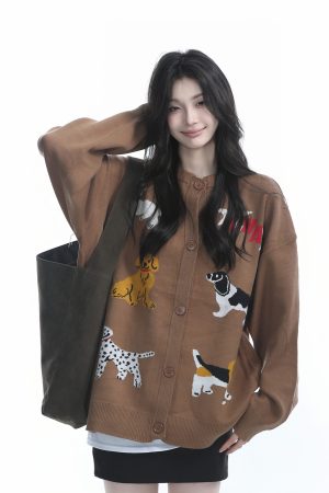 Knitted Cardigan with Retro Cartoon Dog Embroidery for Women - Lazy Style American Vintage Fashion