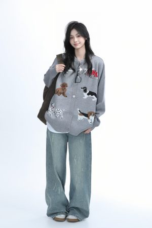 Knitted Cardigan with Retro Cartoon Dog Embroidery for Women - Lazy Style American Vintage Fashion