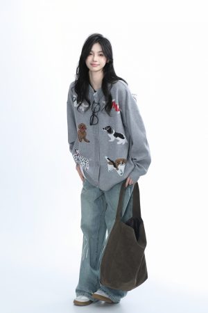 Knitted Cardigan with Retro Cartoon Dog Embroidery for Women - Lazy Style American Vintage Fashion