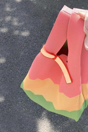 Knitted Textured Rainbow Tote Bag - Trendy Three-Color Handbag for Spring/Summer 2025 Fashion