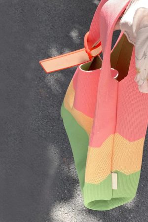 Knitted Textured Rainbow Tote Bag - Trendy Three-Color Handbag for Spring/Summer 2025 Fashion