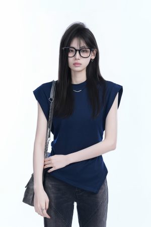 Korean High-End Sleeveless T-Shirt for Women, Slim Fit with Irregular Hem, Trendy Design - Perfect for Casual Chic Looks