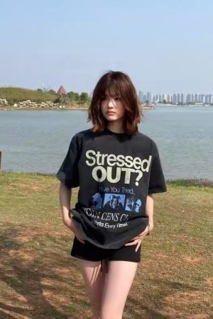 Korean Retro Graphic T-Shirt - Casual Unisex Short Sleeve with American Slogan, Washed Pure Cotton, Versatile 90s Style