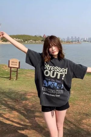 Korean Retro Graphic T-Shirt - Casual Unisex Short Sleeve with American Slogan, Washed Pure Cotton, Versatile 90s Style