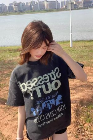 Korean Retro Graphic T-Shirt - Casual Unisex Short Sleeve with American Slogan, Washed Pure Cotton, Versatile 90s Style