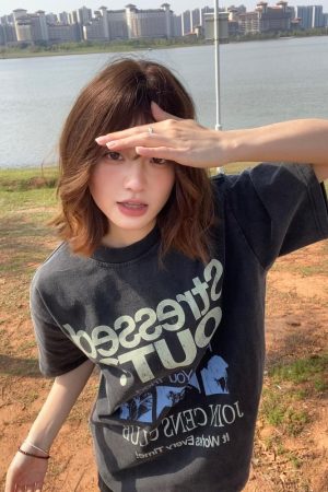 Korean Retro Graphic T-Shirt - Casual Unisex Short Sleeve with American Slogan, Washed Pure Cotton, Versatile 90s Style