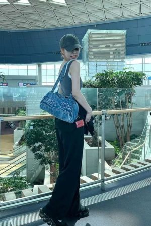 Korean Retro Letter Embroidery Washed Denim Boston Bag - Large Capacity Travel Fitness Shoulder Underarm Bag