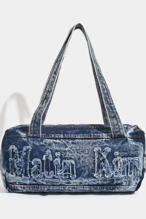Korean Retro Letter Embroidery Washed Denim Boston Bag - Large Capacity Travel Fitness Shoulder Underarm Bag
