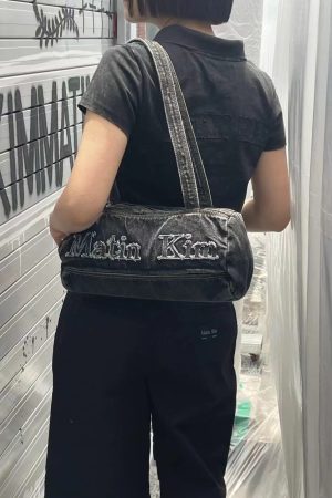 Korean Retro Letter Embroidery Washed Denim Boston Bag - Large Capacity Travel Fitness Shoulder Underarm Bag