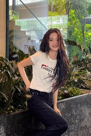 Korean Retro Sports Digital Print Fitted Cotton Top â€“ Short Sleeve Slim Fit for a Stylish Instagram Look