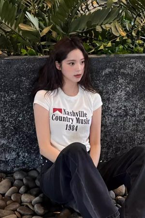 Korean Retro Sports Digital Print Fitted Cotton Top â€“ Short Sleeve Slim Fit for a Stylish Instagram Look