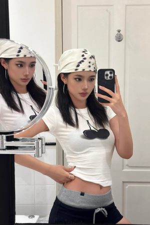 Korean Style Black Cherry Short Sleeve T-Shirt - High Elastic Slim Fit, Pure Cotton, 25SS Trendy Essential