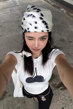 Korean Style Black Cherry Short Sleeve T-Shirt - High Elastic Slim Fit, Pure Cotton, 25SS Trendy Essential