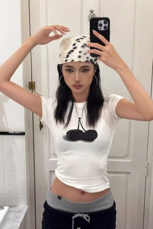 Korean Style Black Cherry Short Sleeve T-Shirt - High Elastic Slim Fit, Pure Cotton, 25SS Trendy Essential