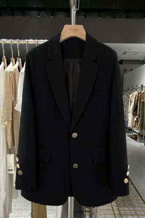 Korean Style Black Metal Buckle Vintage Blazer for Women - 2025 Spring Autumn Petite Fashion Jacket