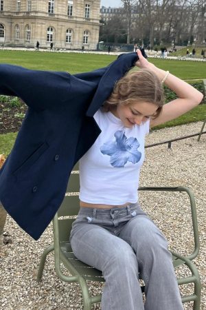 Korean Style Blue Floral Short-Sleeve Fitted Cotton T-Shirt - High-Stretch Sweet Girl Top for Women