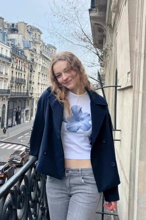 Korean Style Blue Floral Short-Sleeve Fitted Cotton T-Shirt - High-Stretch Sweet Girl Top for Women