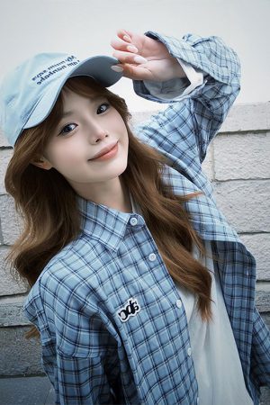 Korean-Style Blue Plaid Shirt Jacket for Women - Loose Casual Long Sleeve Top for Summer Fashion