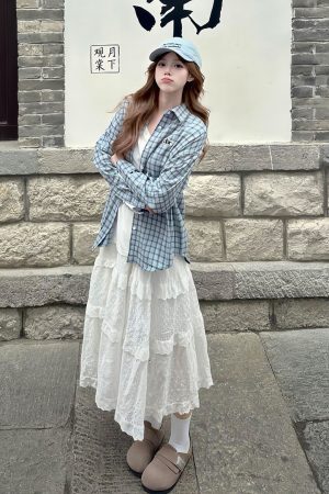 Korean-Style Blue Plaid Shirt Jacket for Women - Loose Casual Long Sleeve Top for Summer Fashion