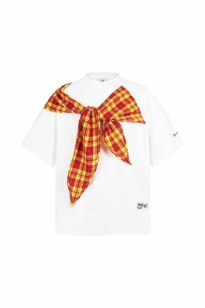 Korean Style Bow Tie Patterned Short Sleeve T-Shirt for Women - Summer 2025 College Fashion Trend