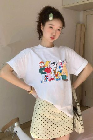 Korean Style Cartoon Character Printed Casual Loose Cotton T-Shirt for Women - Comfortable Round Neck Short Sleeve Top