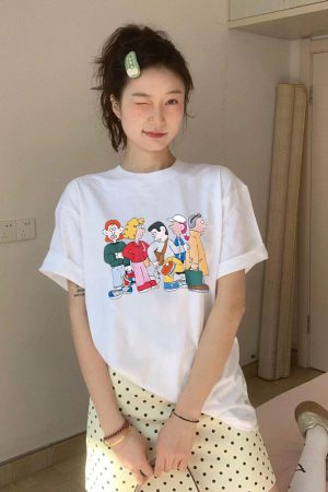 Korean Style Cartoon Character Printed Casual Loose Cotton T-Shirt for Women - Comfortable Round Neck Short Sleeve Top