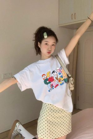 Korean Style Cartoon Character Printed Casual Loose Cotton T-Shirt for Women - Comfortable Round Neck Short Sleeve Top