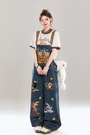 Korean-Style Cartoon Embroidered Denim Overalls for Women - Summer Wide-Leg Age-Reducing Casual Long Pants