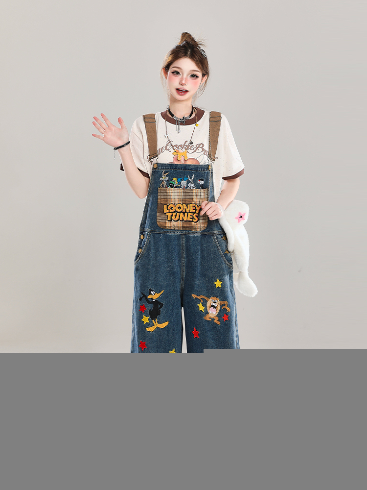 Korean-Style Cartoon Embroidered Denim Overalls for Women - Summer Wide-Leg Age-Reducing Casual Long Pants