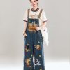 Korean-Style Cartoon Embroidered Denim Overalls for Women - Summer Wide-Leg Age-Reducing Casual Long Pants