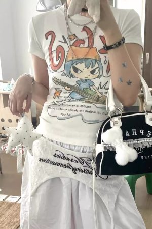 Korean Style Cartoon Print Comic Musician Slim-Fit Short-Sleeved High-Stretch Pure Cotton T-Shirt for Trendy Fashion Lovers