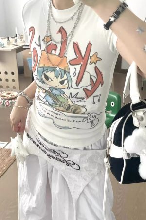 Korean Style Cartoon Print Comic Musician Slim-Fit Short-Sleeved High-Stretch Pure Cotton T-Shirt for Trendy Fashion Lovers