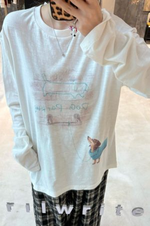 Korean Style Cartoon Print Loose Round Neck Long Sleeve T-Shirt in Soft Bamboo Cotton - Casual & Comfortable Fashion Essential