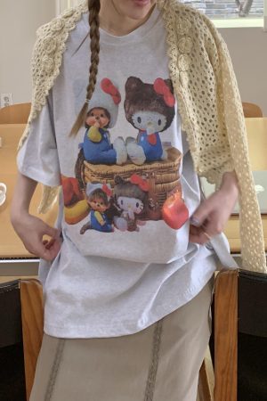 Korean Style Casual Kitty Princess Cartoon Print Loose Cotton Short Sleeve T-Shirt - Versatile Comfort Top