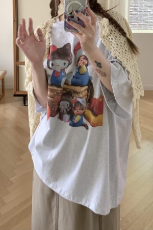 Korean Style Casual Kitty Princess Cartoon Print Loose Cotton Short Sleeve T-Shirt - Versatile Comfort Top
