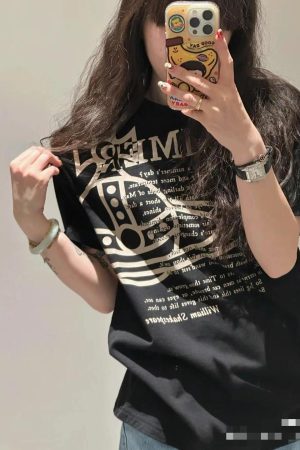 Korean Style Casual Letter Slogan Printed Loose Cotton Round Neck Short Sleeve T-Shirt for Women