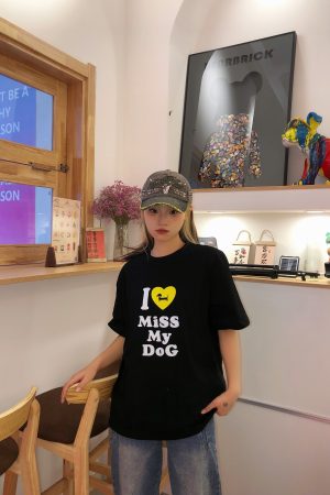Korean Style Casual Loose Fit Color-Blocking Top with Youthful Dog Cartoon Print - Pure Cotton Comfort