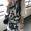Korean Style Casual Loose Fit Pure Cotton T-Shirt with Graffiti Letter Print and Sun Protection for Women
