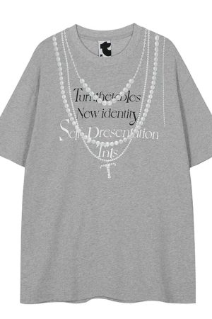 Korean Style Casual Unisex T-Shirt with Slogan Print and Pearl Necklace Design, Loose Fit Pure Cotton for Comfortable Everyday Wear