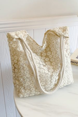 Korean-Style Chic Crochet Mesh Bag for Women, Handmade Woven Hollow Shoulder Tote, Large Summer Beach Bag