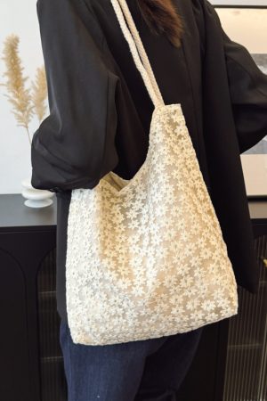 Korean-Style Chic Crochet Mesh Bag for Women, Handmade Woven Hollow Shoulder Tote, Large Summer Beach Bag