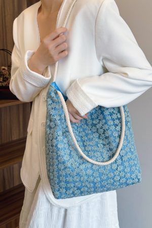 Korean-Style Chic Crochet Mesh Bag for Women, Handmade Woven Hollow Shoulder Tote, Large Summer Beach Bag